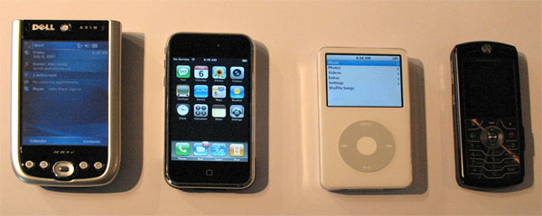 Left to right: Dell Axim 51v, Apple iPhone, 5G iPod with video and Motorola 